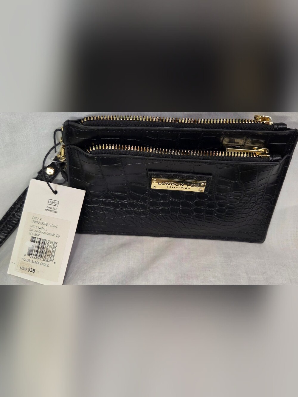 London Fog Black Danica Croco Double Zip Wristlet Wallet NWT Corporate Chic Glam